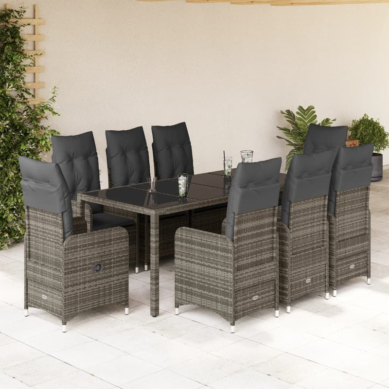 9-delige Bistroset met kussens poly rattan grijs