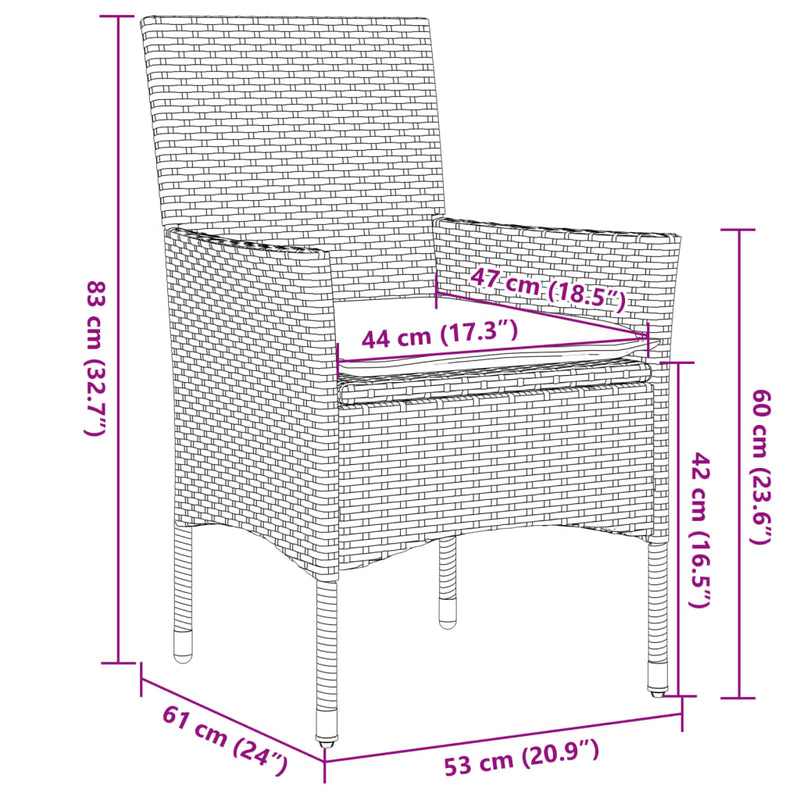 3-delige Bistroset met kussens poly rattan en glas grijs