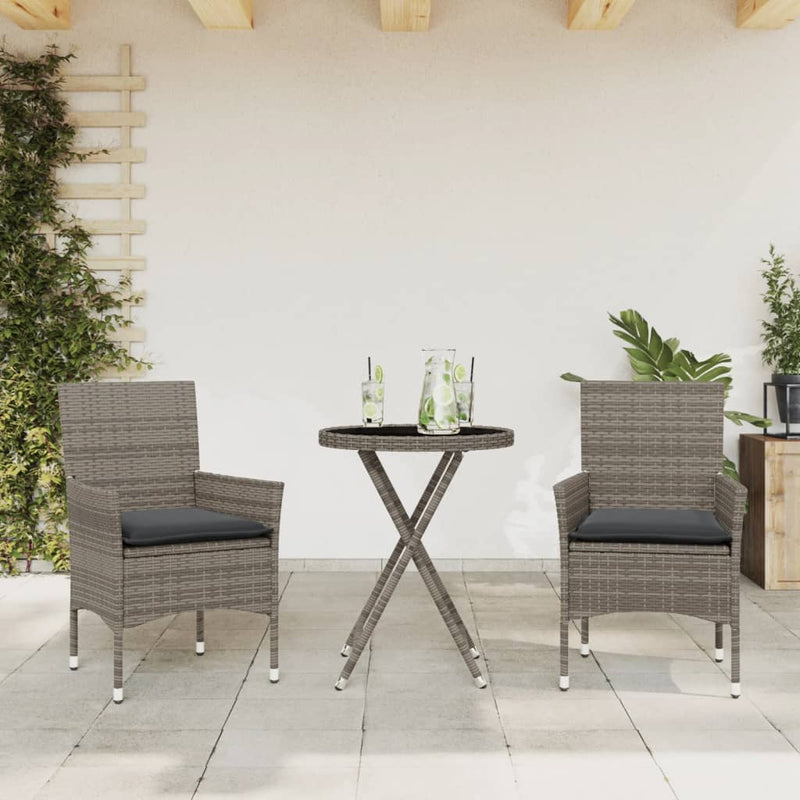 3-delige Bistroset met kussens poly rattan en glas grijs