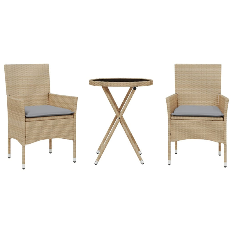 3-delige Bistroset met kussens poly rattan en glas beige