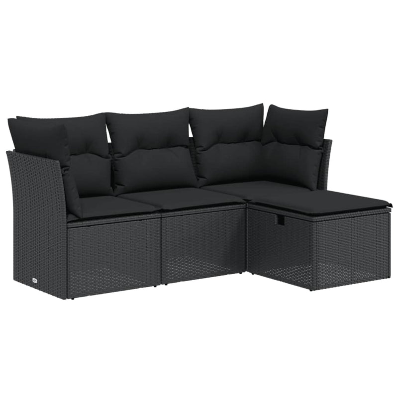 4-delige Loungeset met kussens poly rattan zwart