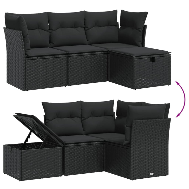 4-delige Loungeset met kussens poly rattan zwart