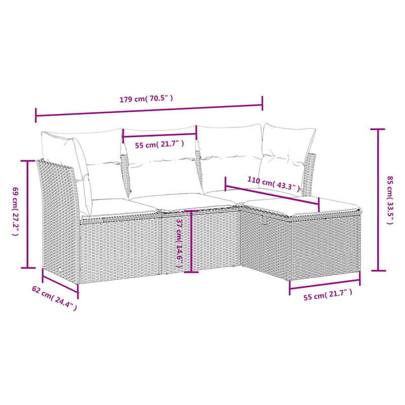 4-delige Loungeset met kussens poly rattan zwart