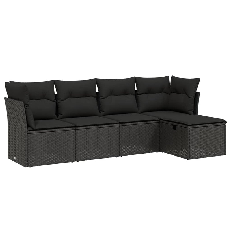 5-delige Loungeset met kussens poly rattan zwart