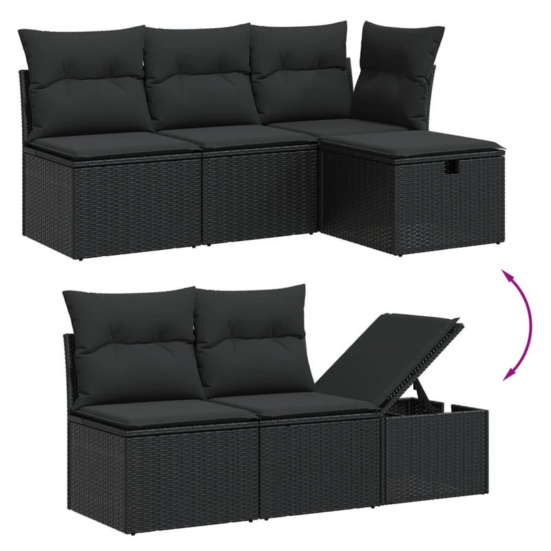 5-delige Loungeset met kussens poly rattan zwart