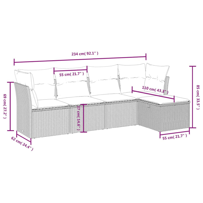 5-delige Loungeset met kussens poly rattan zwart