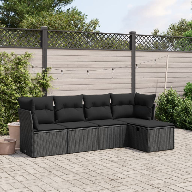 5-delige Loungeset met kussens poly rattan zwart