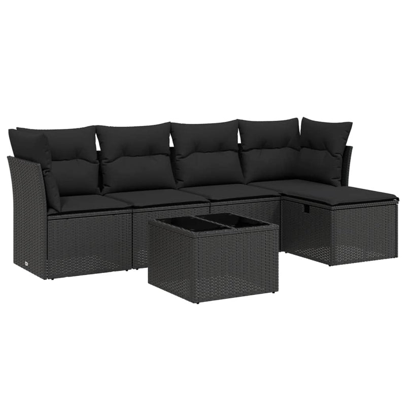 6-delige Loungeset met kussens poly rattan zwart