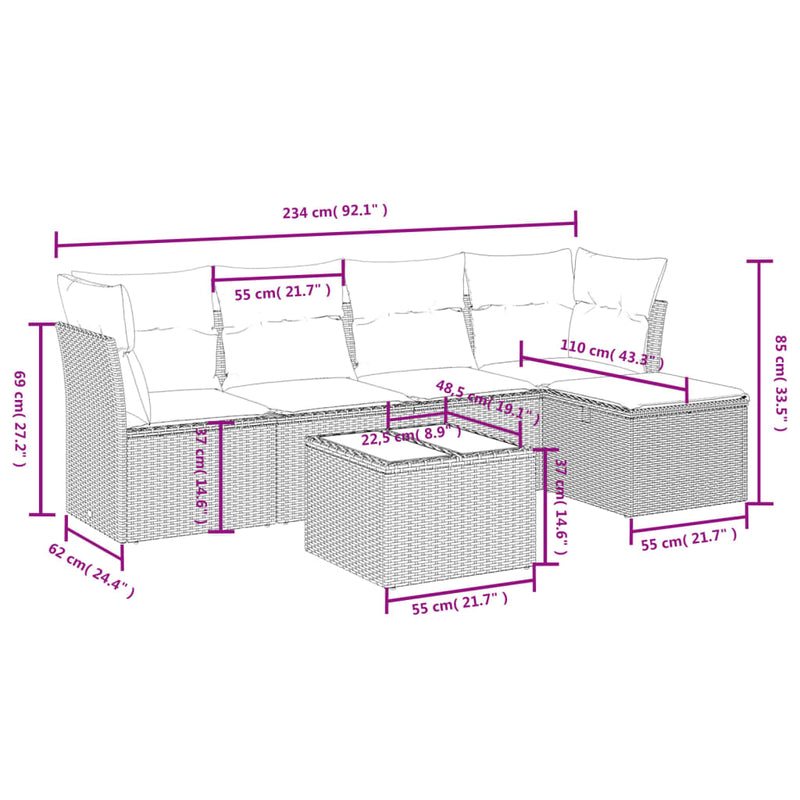 6-delige Loungeset met kussens poly rattan zwart