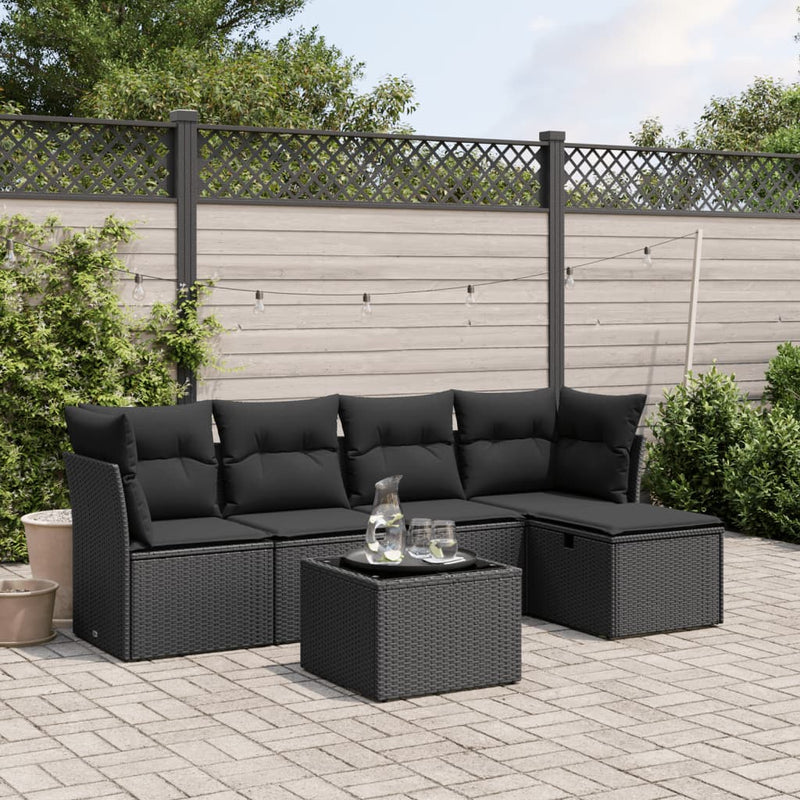 6-delige Loungeset met kussens poly rattan zwart