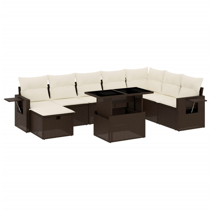 9-delige Loungeset met kussens poly rattan bruin