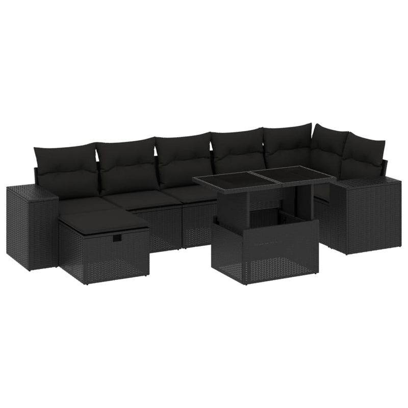 8-delige Loungeset met kussens poly rattan zwart