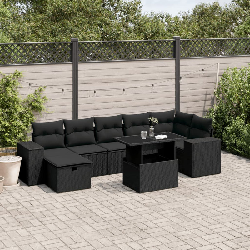 8-delige Loungeset met kussens poly rattan zwart