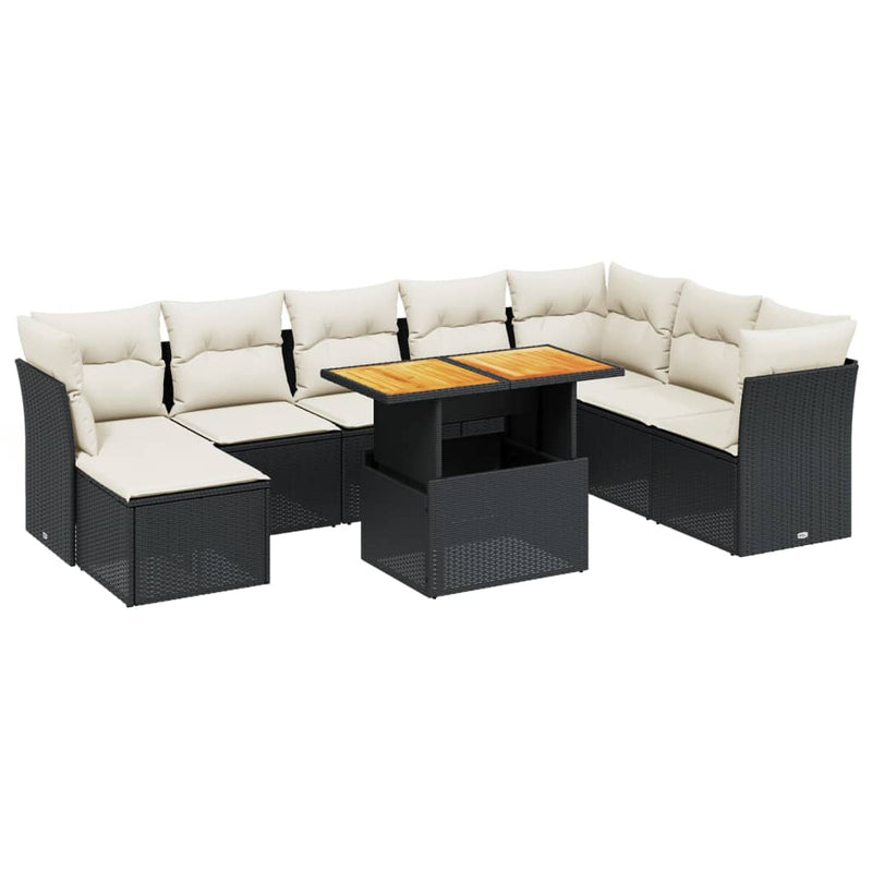 9-delige Loungeset met kussens poly rattan zwart