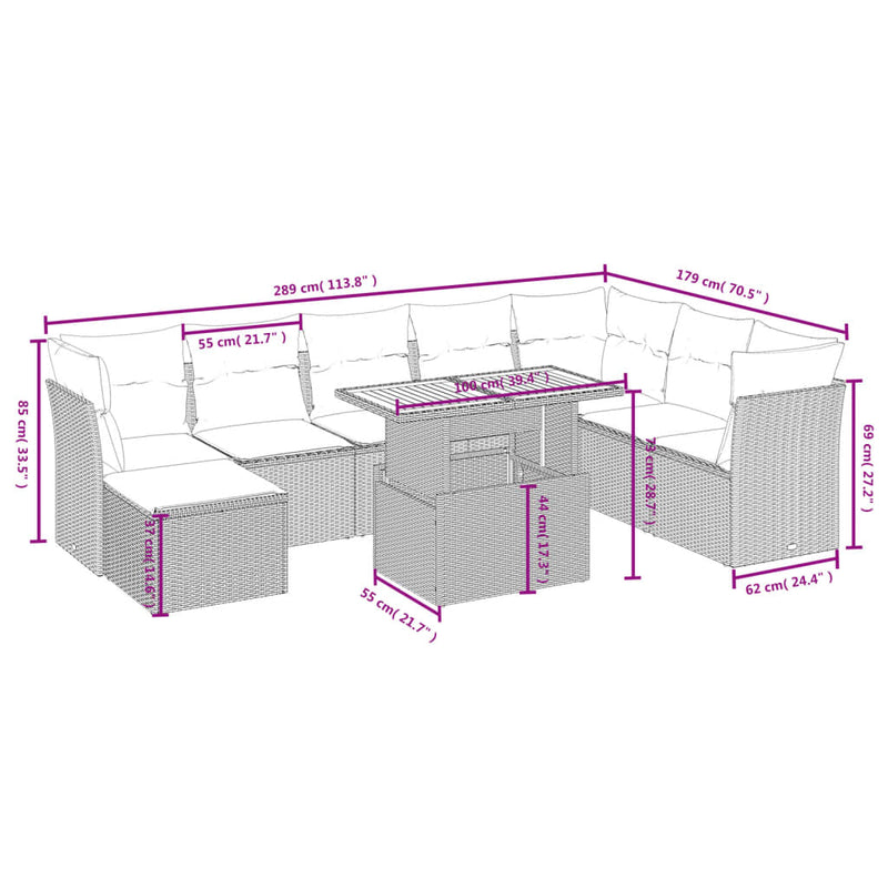 9-delige Loungeset met kussens poly rattan zwart