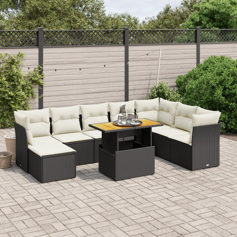 9-delige Loungeset met kussens poly rattan zwart