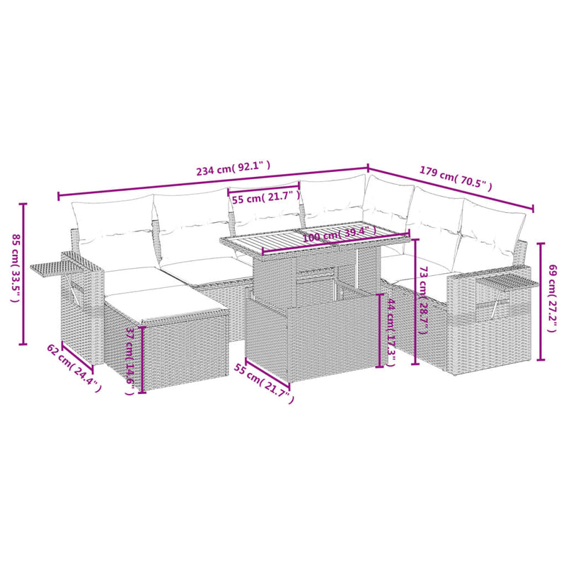 8-delige Loungeset met kussens poly rattan beige