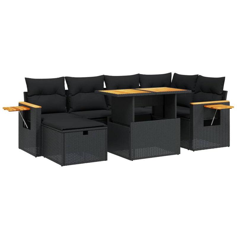 7-delige Loungeset met kussens poly rattan zwart