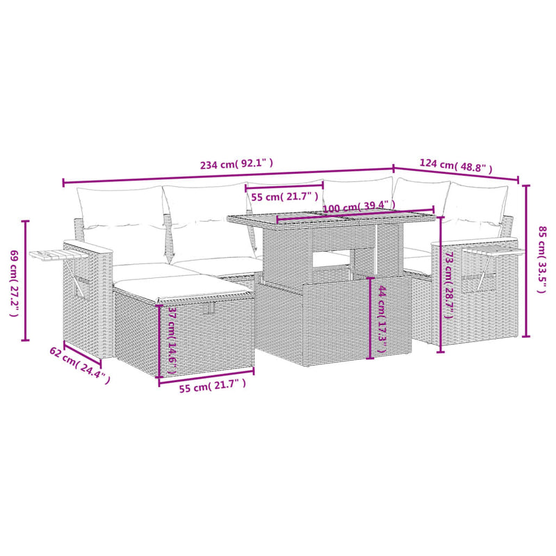 7-delige Loungeset met kussens poly rattan zwart