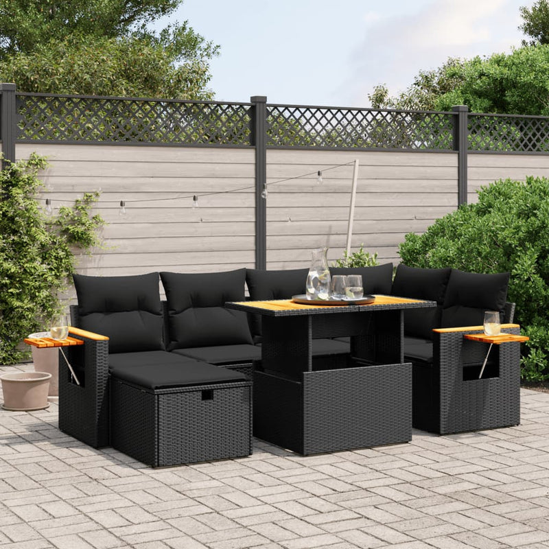 7-delige Loungeset met kussens poly rattan zwart