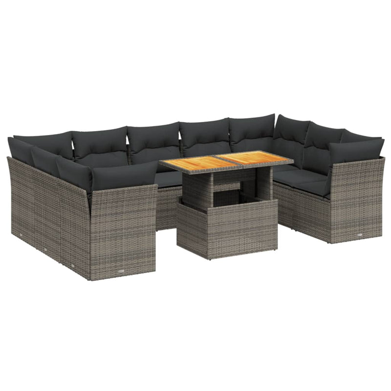 10-delige Loungeset met kussens poly rattan grijs