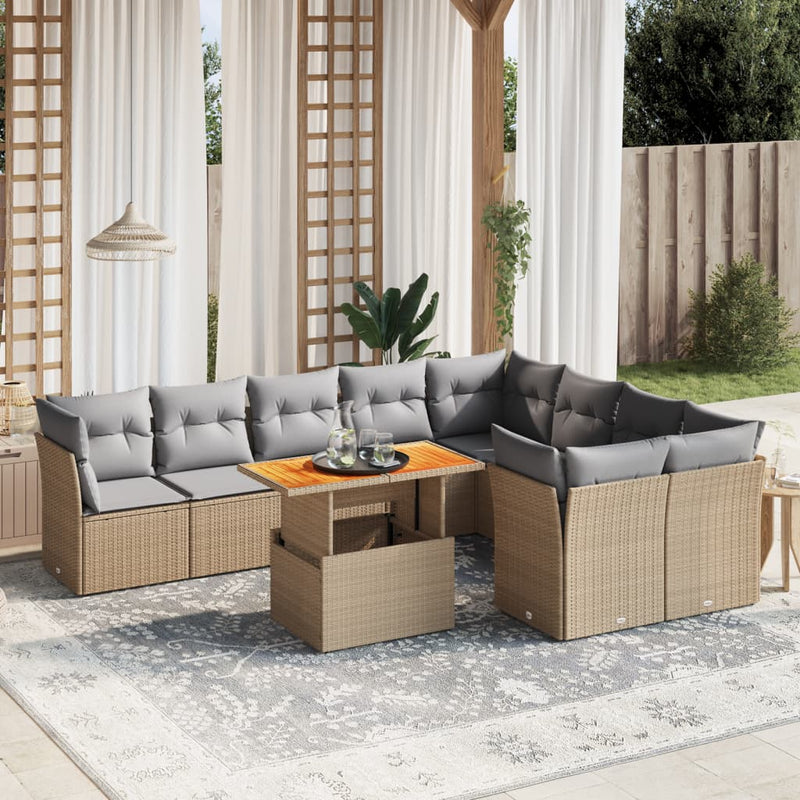 10-delige Loungeset met kussens poly rattan beige