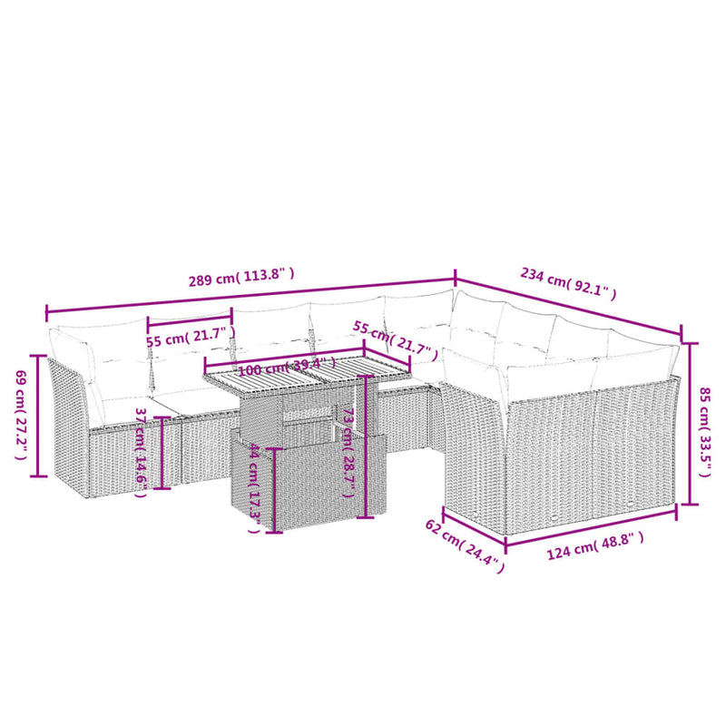 10-delige Loungeset met kussens poly rattan grijs