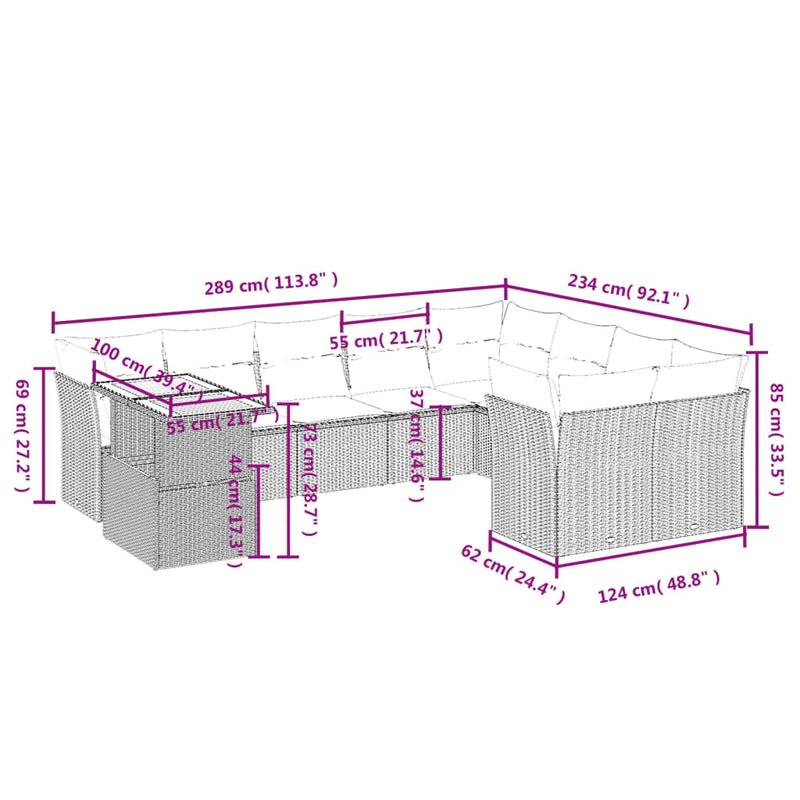 10-delige Loungeset met kussens poly rattan grijs