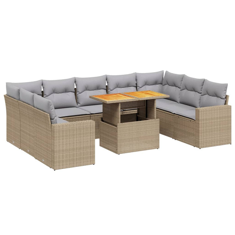 10-delige Loungeset met kussens poly rattan beige