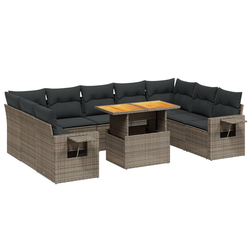 10-delige Loungeset met kussens poly rattan grijs