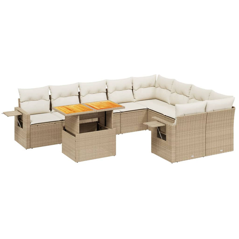 10-delige Loungeset met kussens poly rattan beige