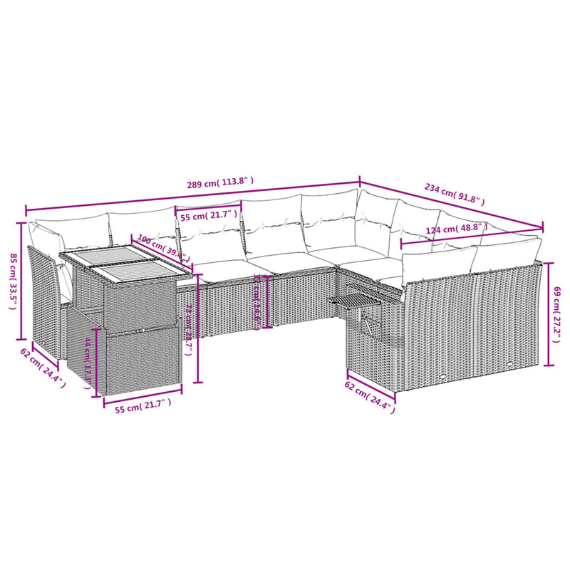 10-delige Loungeset met kussens poly rattan grijs