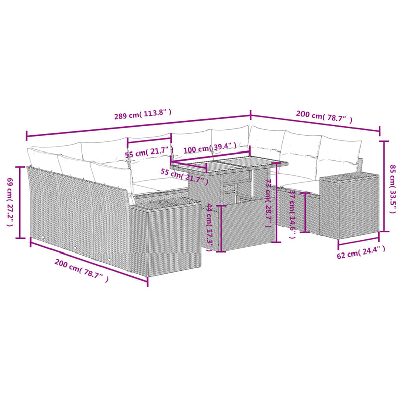 10-delige Loungeset met kussens poly rattan grijs