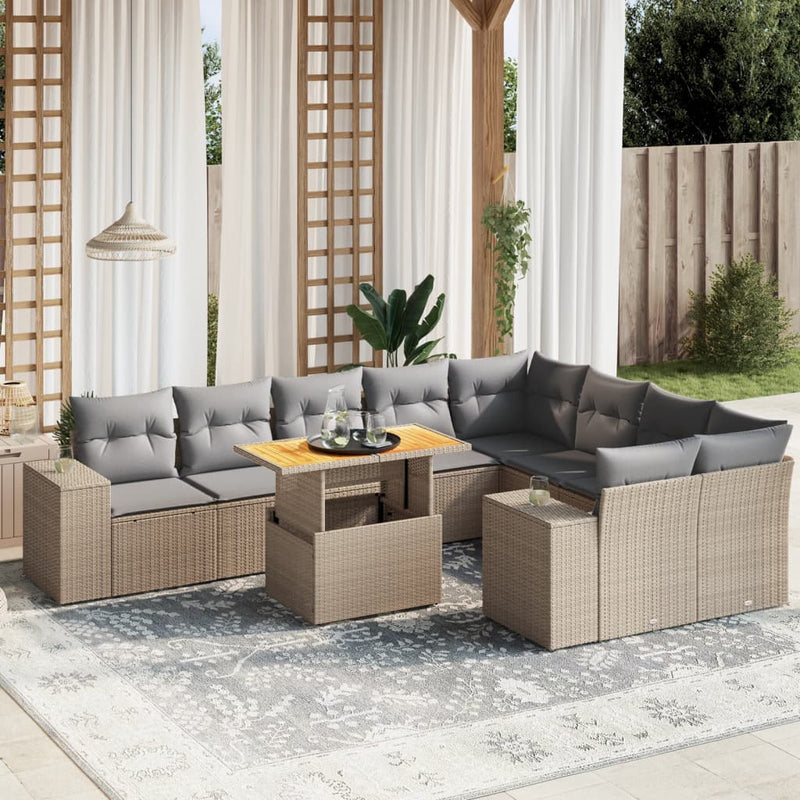 10-delige Loungeset met kussens poly rattan beige