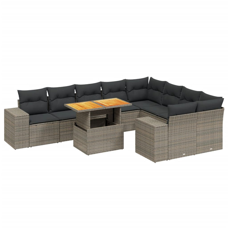 10-delige Loungeset met kussens poly rattan grijs