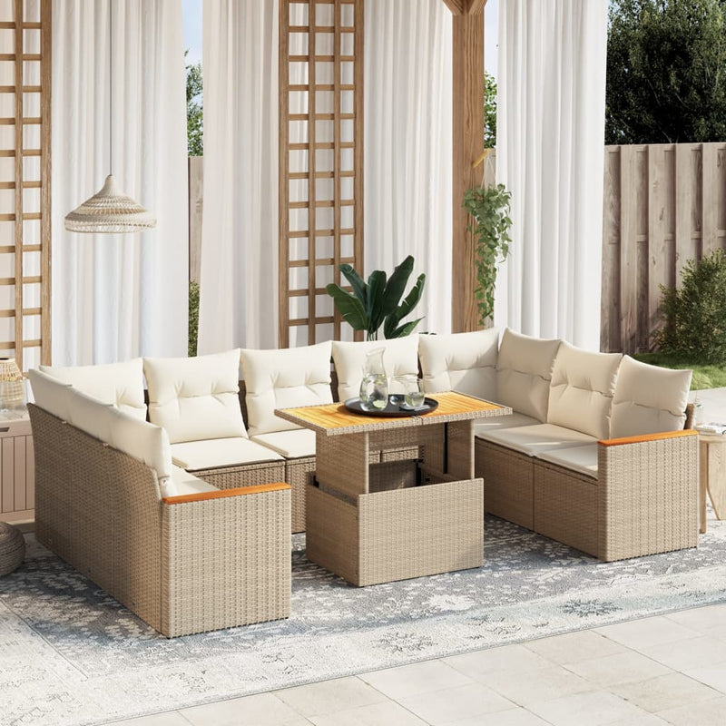 10-delige Loungeset met kussens poly rattan beige