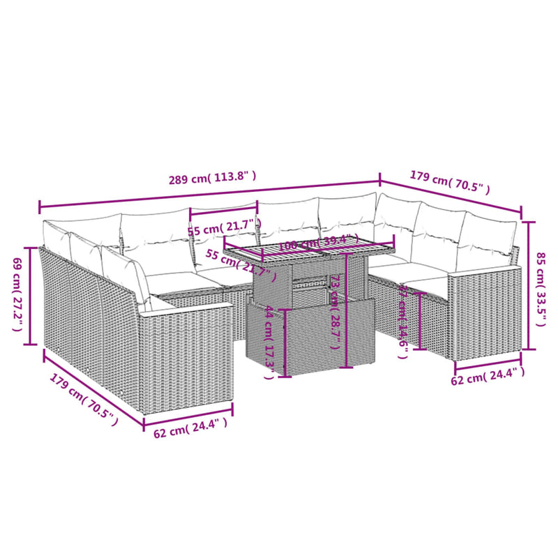 10-delige Loungeset met kussens poly rattan beige