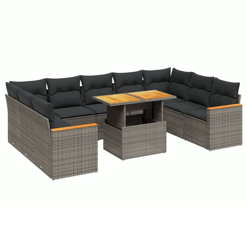 10-delige Loungeset met kussens poly rattan grijs