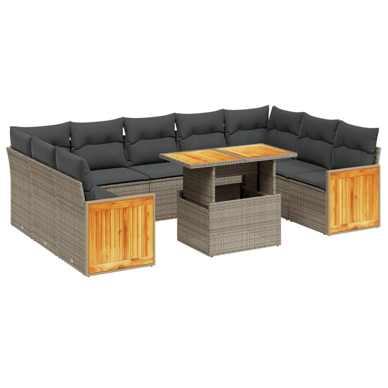 10-delige Loungeset met kussens poly rattan grijs