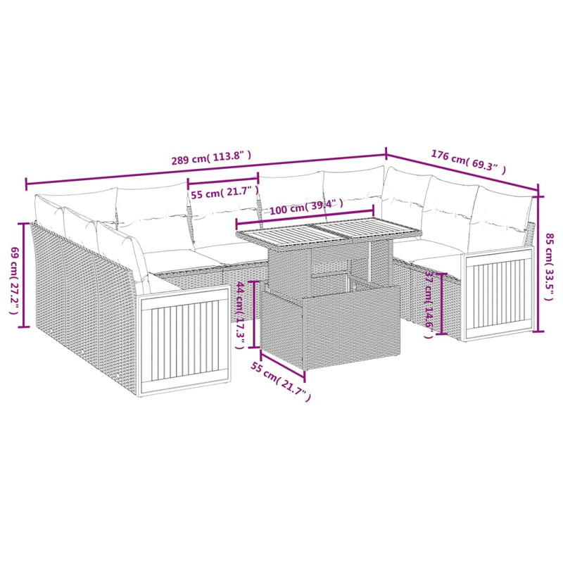 10-delige Loungeset met kussens poly rattan grijs