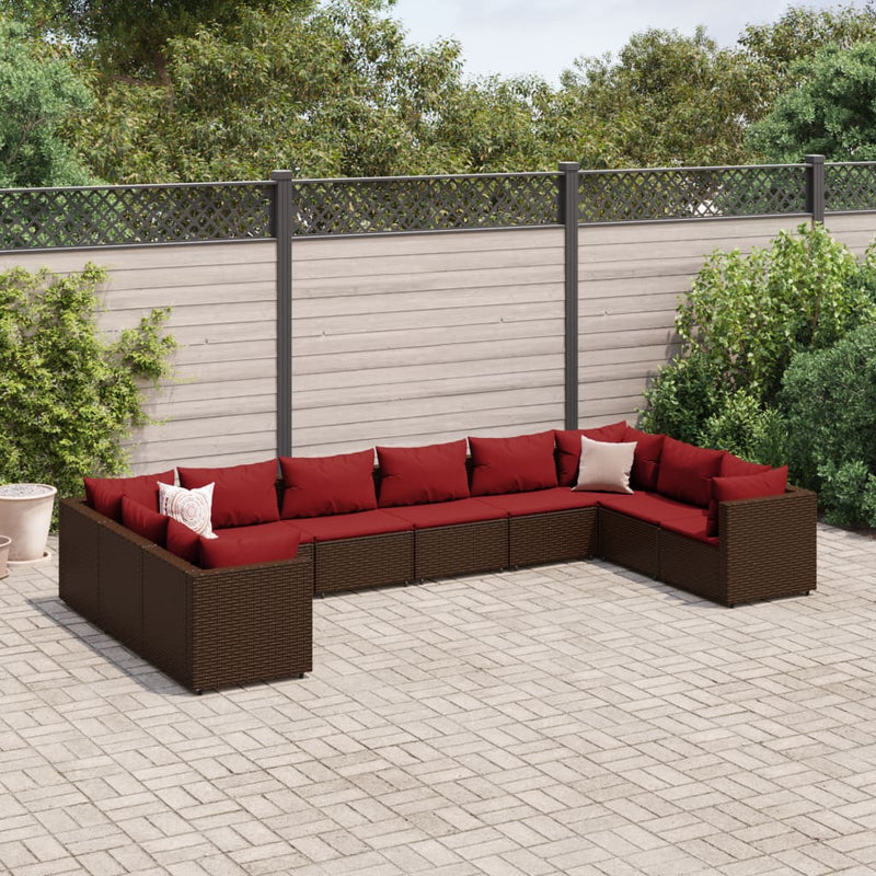 10-delige Loungeset met kussens poly rattan bruin