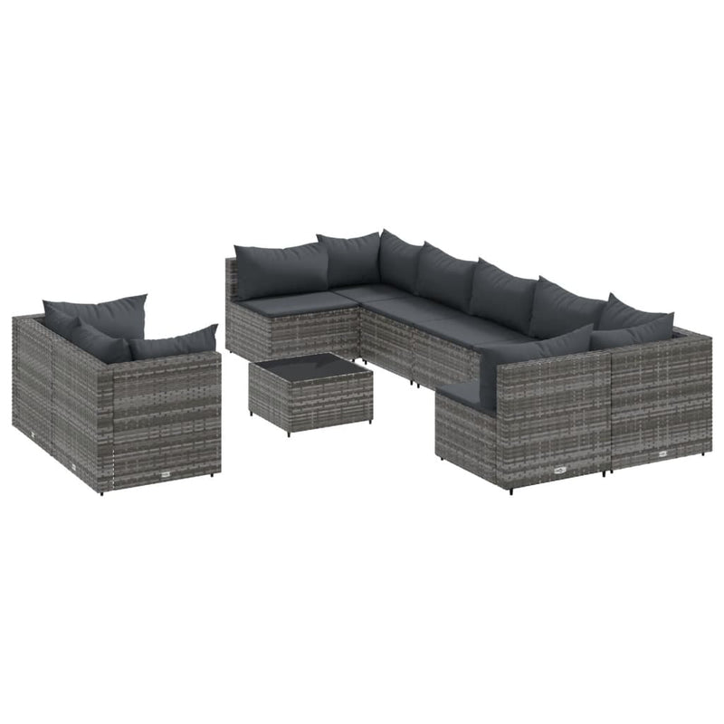 10-delige Loungeset met kussens poly rattan grijs