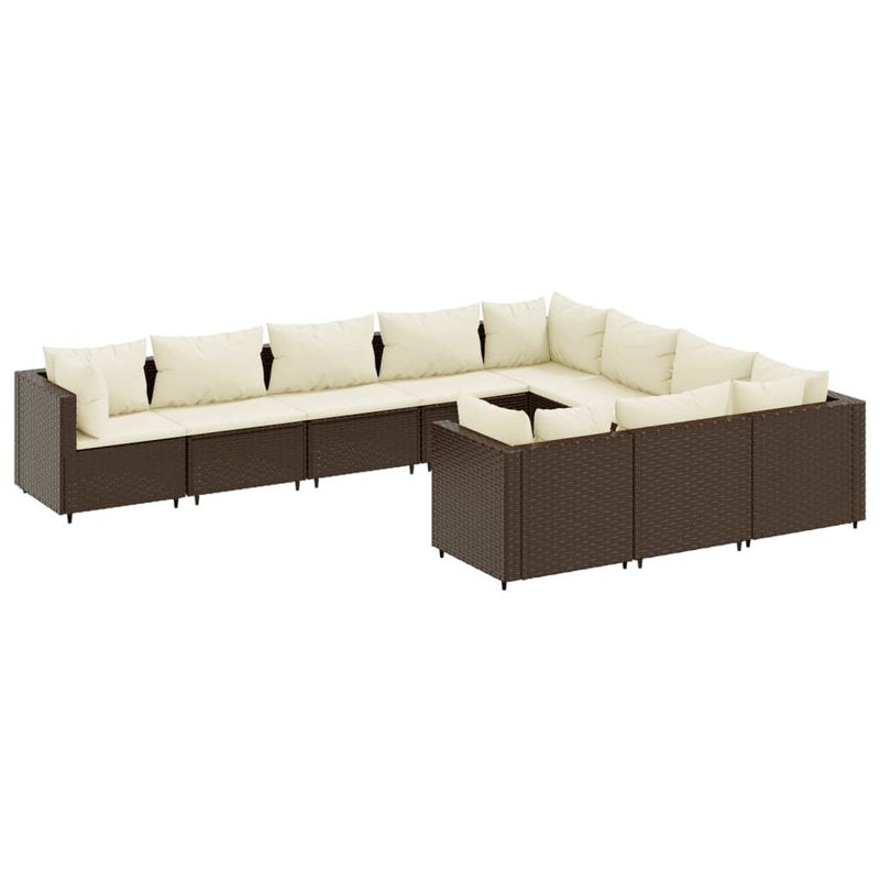 10-delige Loungeset met kussens poly rattan bruin