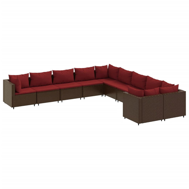 10-delige Loungeset met kussens poly rattan bruin