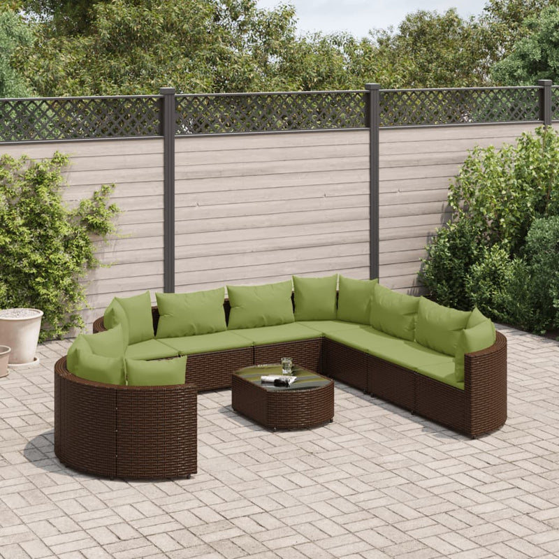 10-delige Loungeset met kussens poly rattan bruin