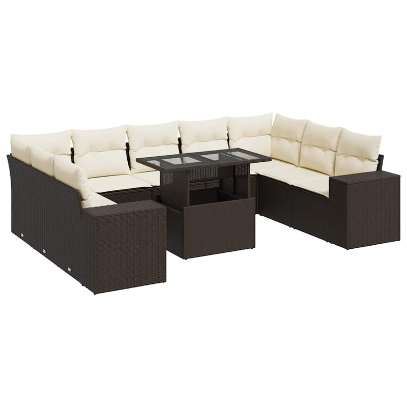 10-delige Loungeset met kussens poly rattan bruin