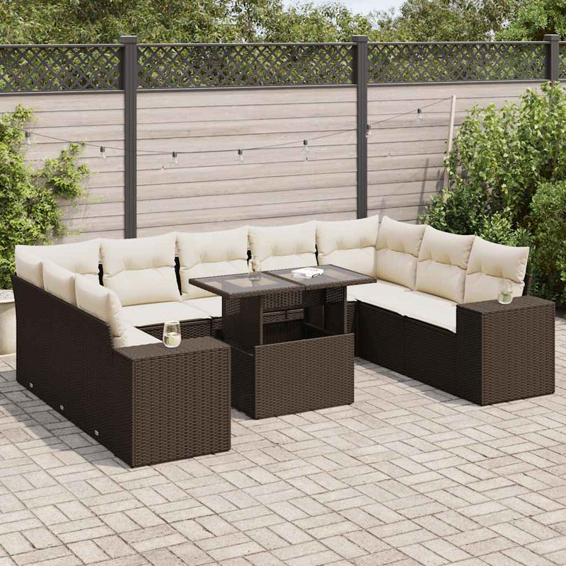 10-delige Loungeset met kussens poly rattan bruin