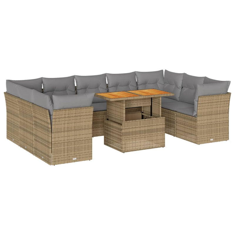 10-delige Loungeset met kussens poly rattan beige