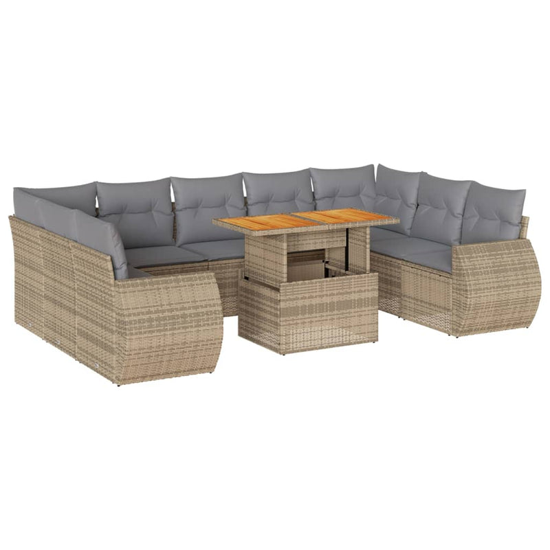 10-delige Loungeset met kussens poly rattan beige