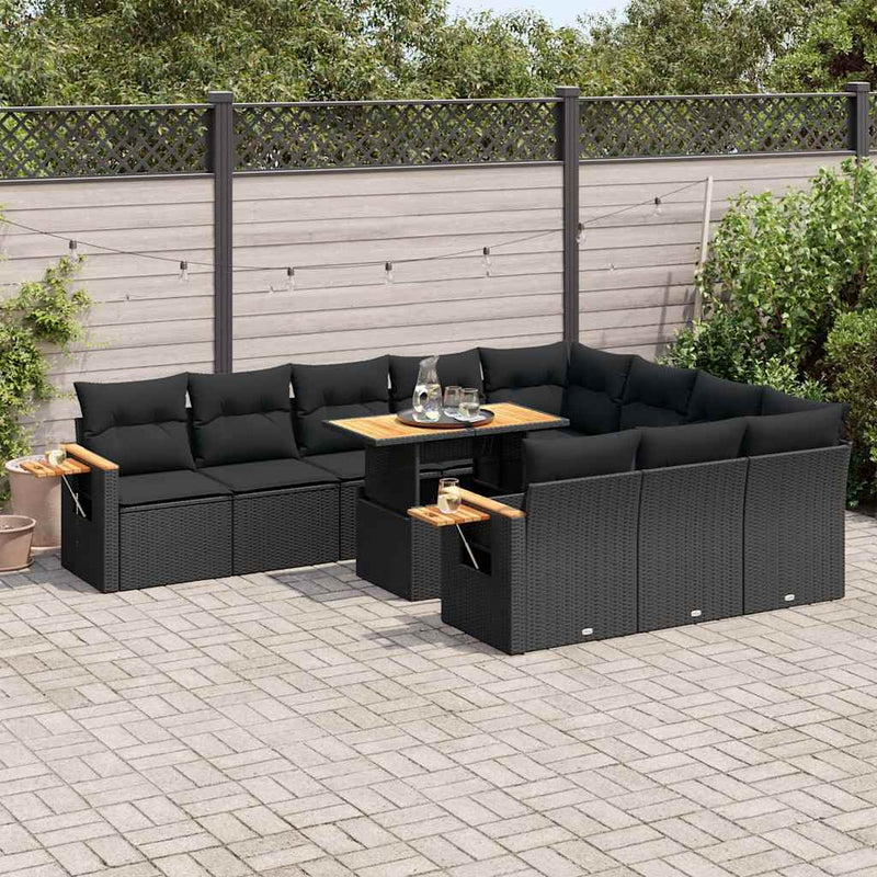 10-delige Loungeset met kussens poly rattan acacia zwart